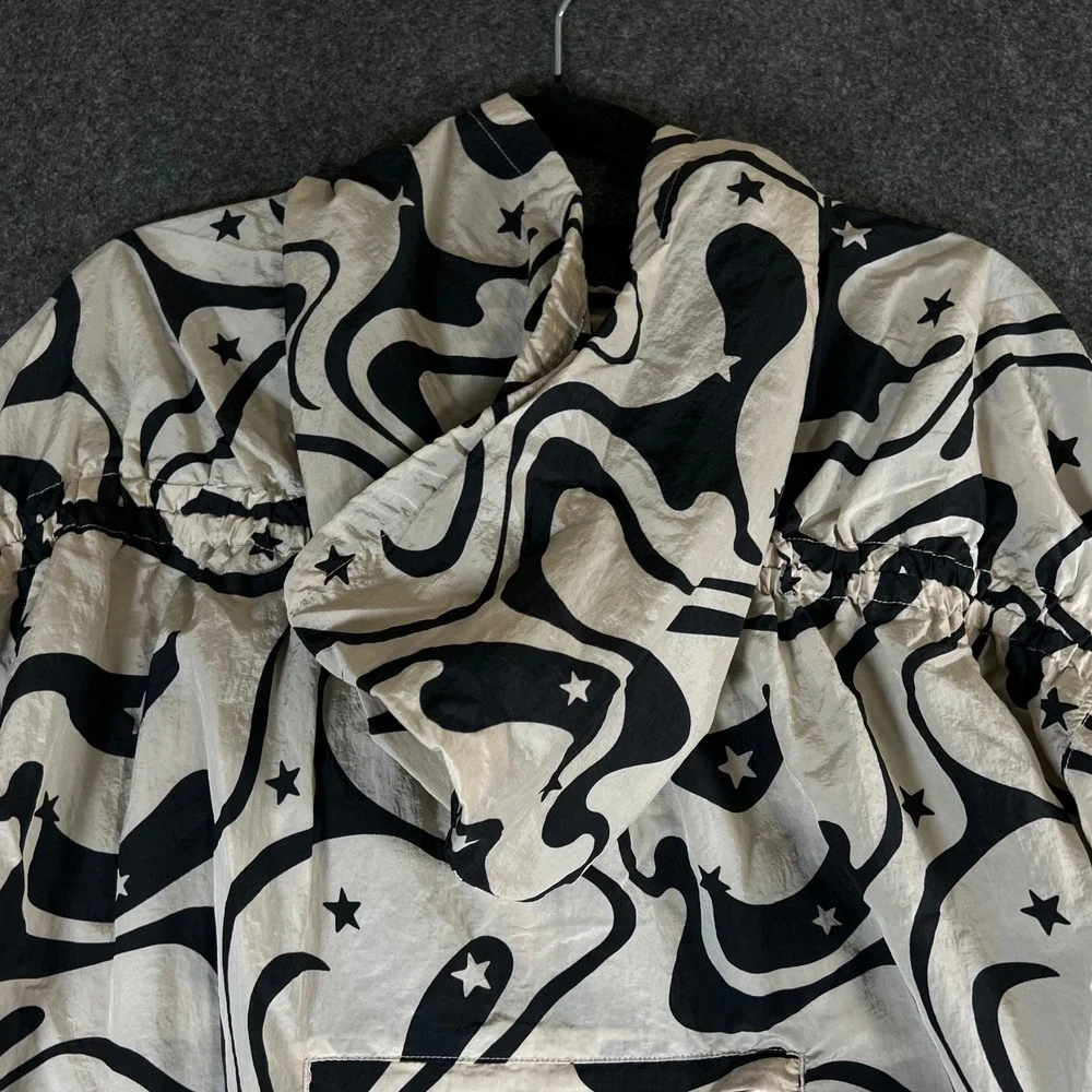JoyLab Womens Swirl Star Print Ruched Sleeve Hooded Windbreaker Jacket Cream L_12